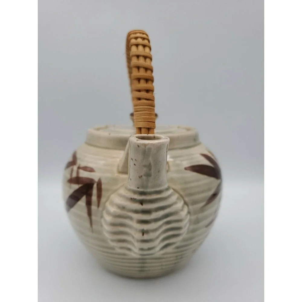 Vintage Japan Ceramic Stoneware Teapot with Wicker Bamboo Handle Asian